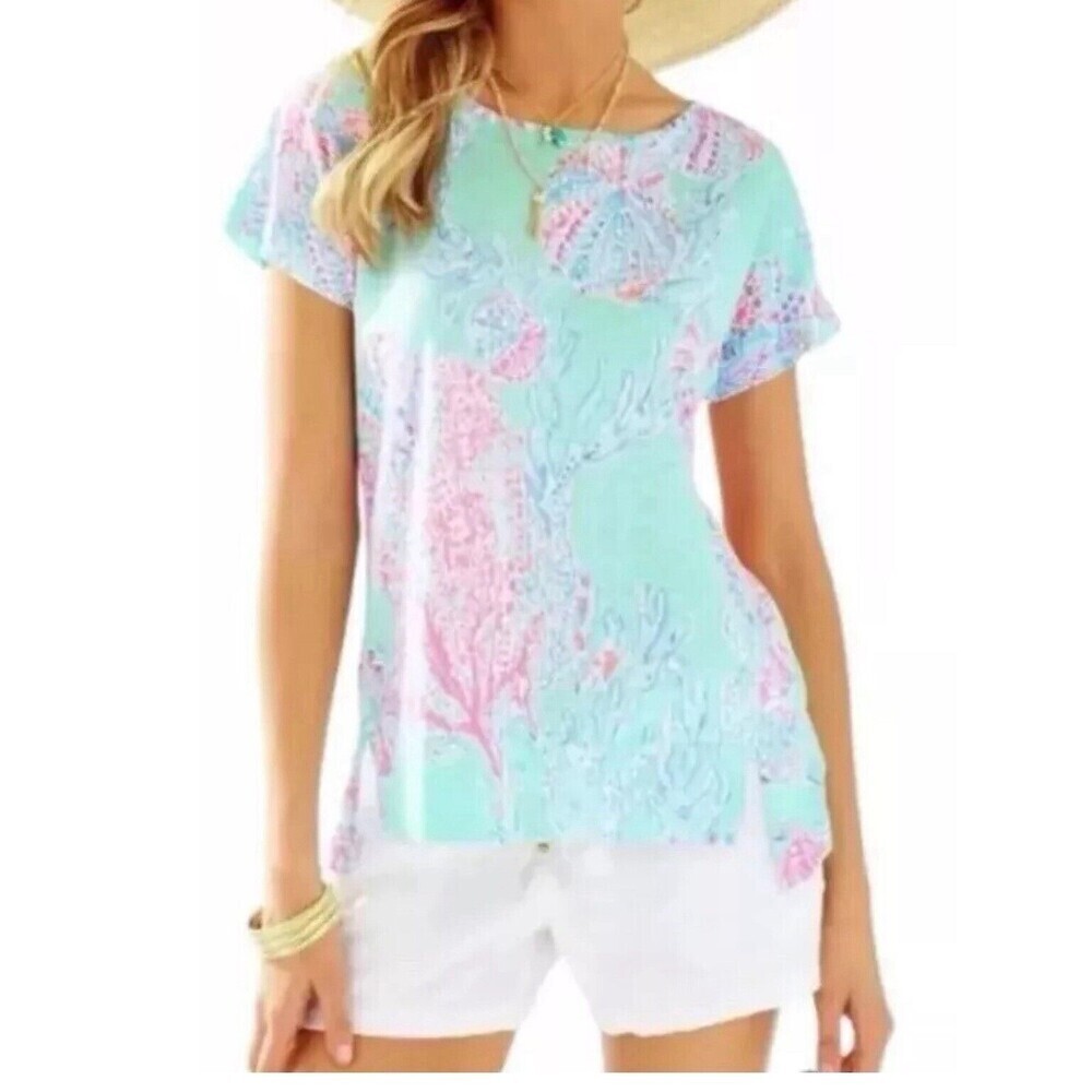 Lilly Pulitzer Minty Fresh Fansea 100% Linen Short Sleeve Mikela Top Shirt Sz S